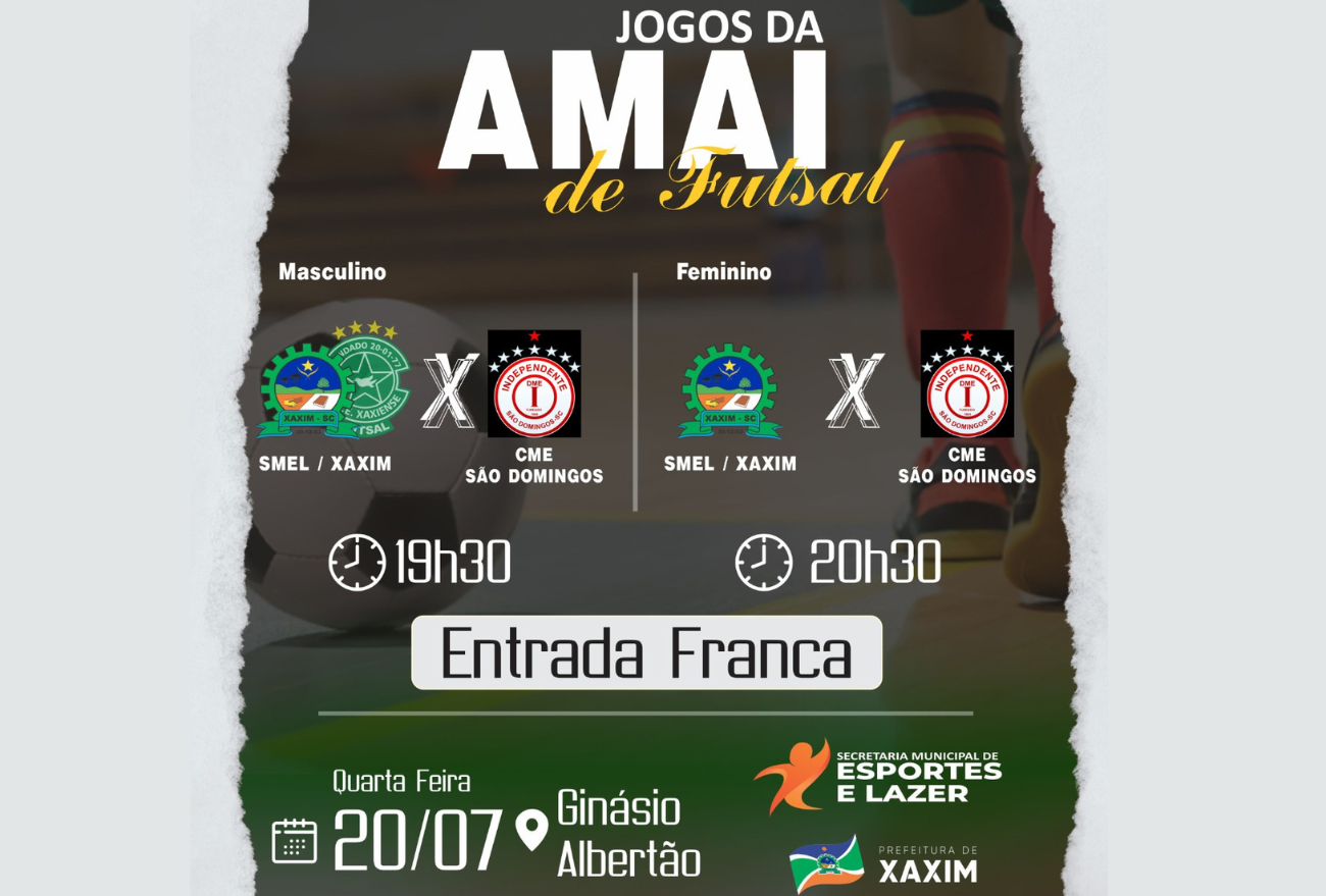Equipes de futsal de Xaxim enfrentam CME São Domingos nesta quarta-feira (20)