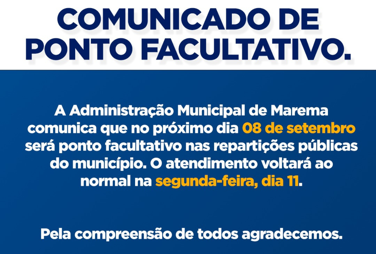 Administração Municipal de Marema comunica ponto facultativo na próxima sexta-feira